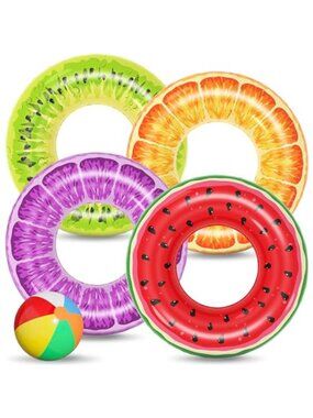 Fruit Pool Float Set 4 Pack Swim Rings Watermelon Orange Kiwi Grape Tubes
